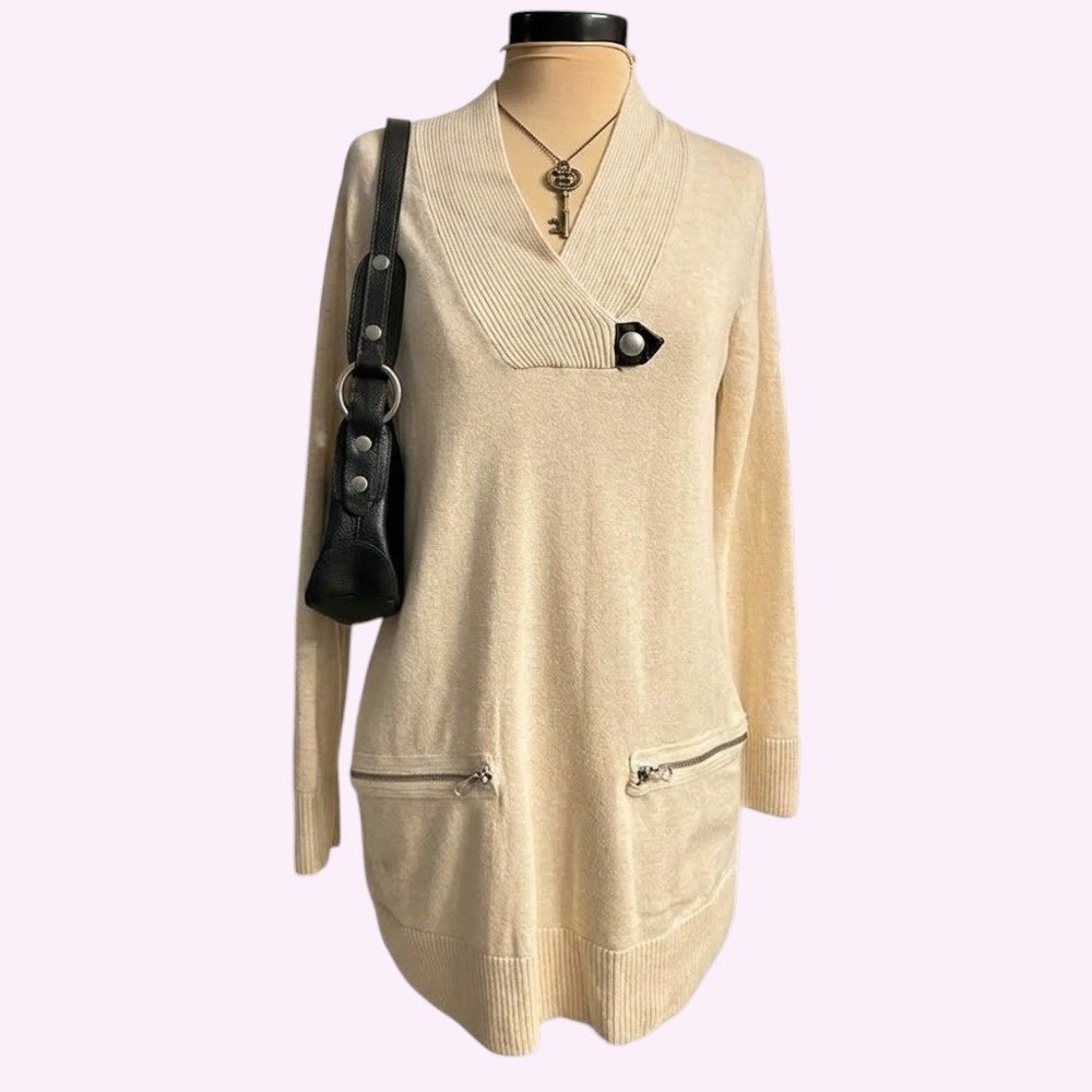Cream Cotton Long Sleeve Tunic Sweater Blouse Dress SMALL Winter Fall